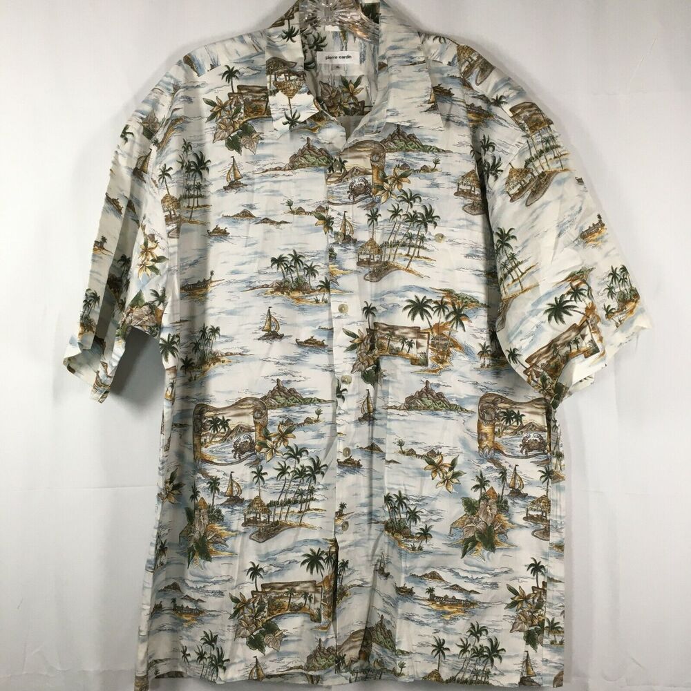 Pierre Cardin Shirt Mens Sz‎ XL Beige Tropical  Cotton Short Sleeve Button Up